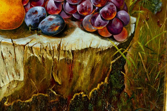 Still life with pears and grapes on an old tree stump