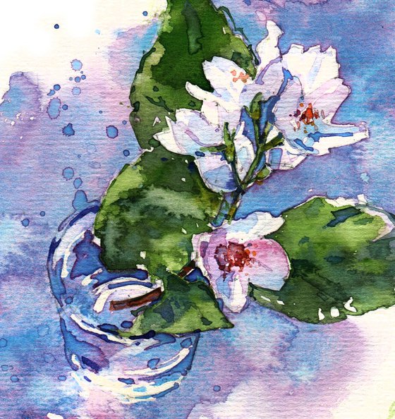 "Rainy day" - watercolor sketch with a sprig of white jasmine - series "Artist's Diary"