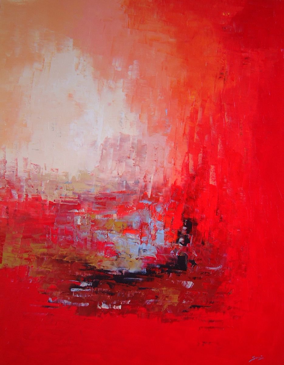 Abstract Landscape Oil Painting By Saroja Van Der Stegen, 30 X 38", Orange Red (Ref#:741-30F), Original Artwork