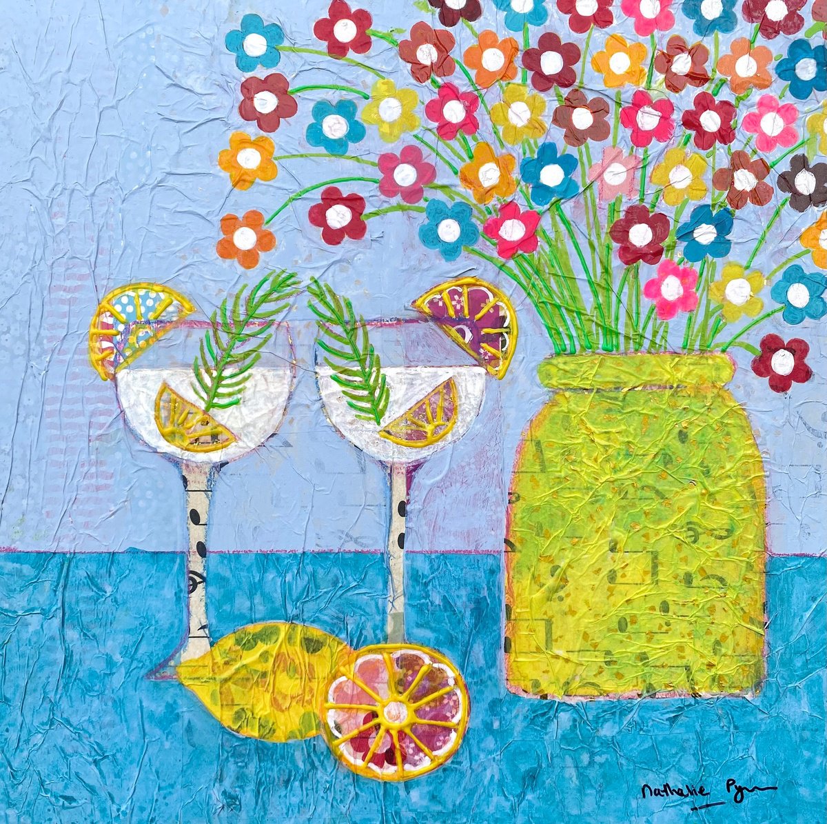 Illustrative Painting , Late Afternoon G And T By Nathalie Pymm Art, 13 X 13, Artwork For Sale On Artfinder