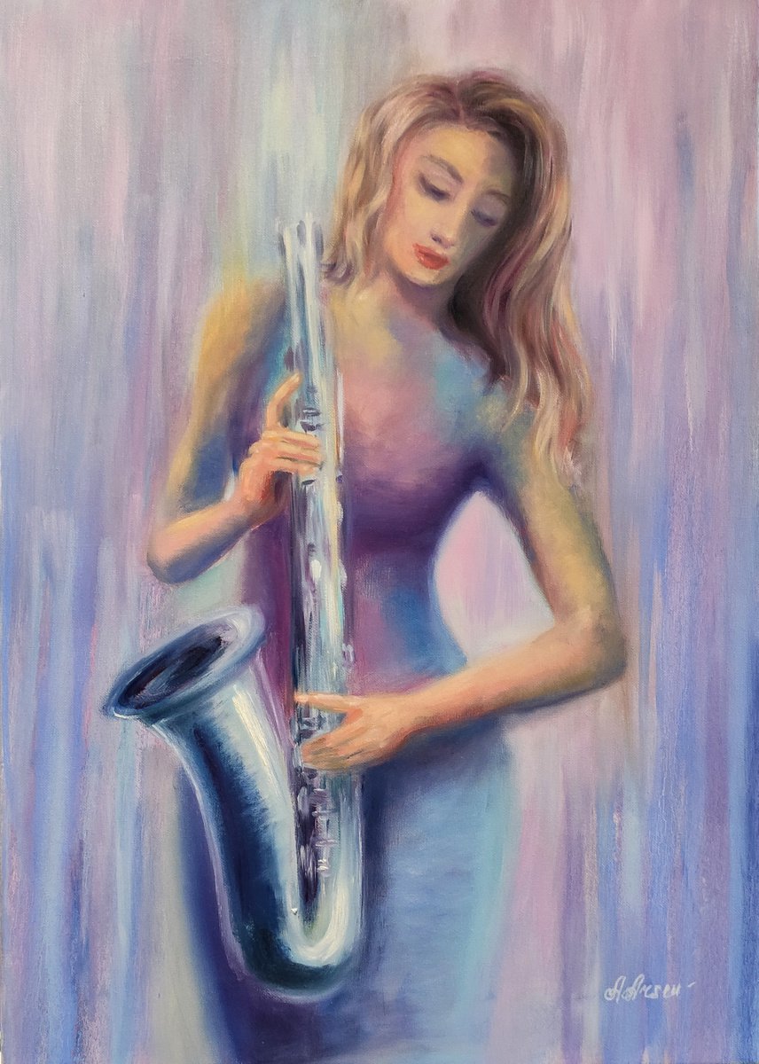 Woman Portrait Music Saxophone Night Club Light Dreams Jazz by Anastasia Art Line