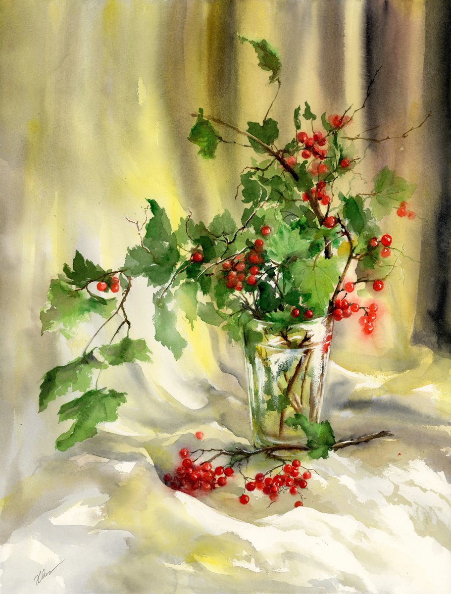 Impressionistic Still Life Watercolour By Cecilia Xiao, 18 X 24, Red Currants, Original Artwork