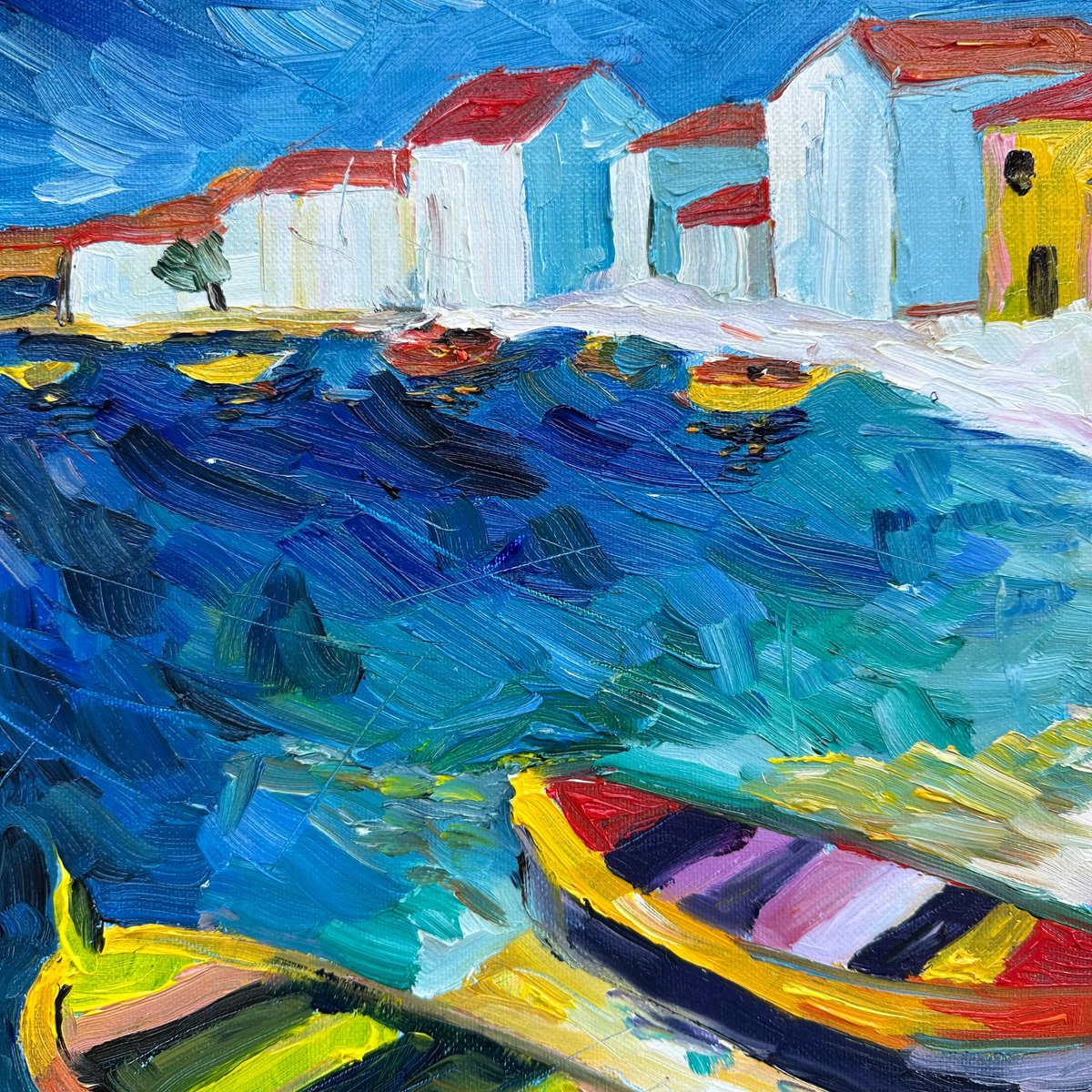 Impressionistic Landscape Oil Painting By Irina Anis, 16 X 16, Seaside Shore With Boats, Original Artwork