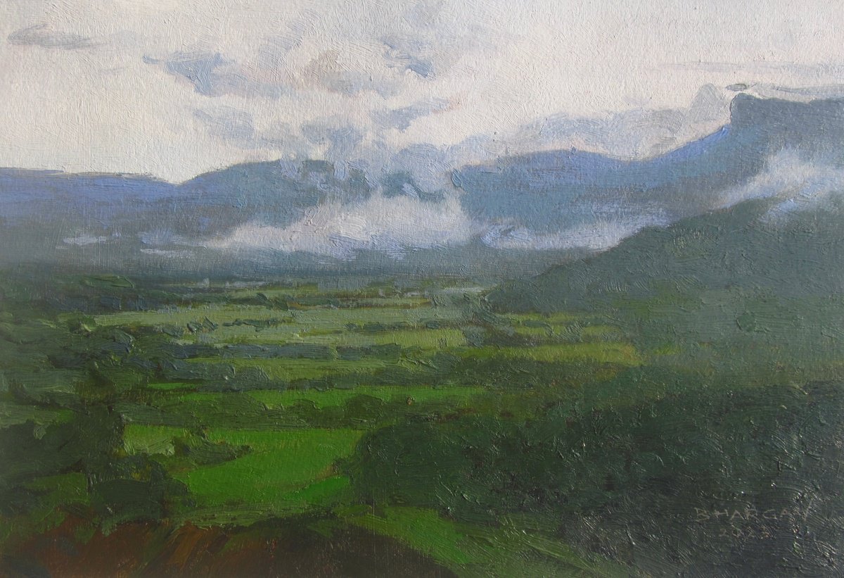Impressionistic Landscape Oil Painting By Bhargavkumar Kulkarni, 12 X 8, View Through Train Window, Original Artwork