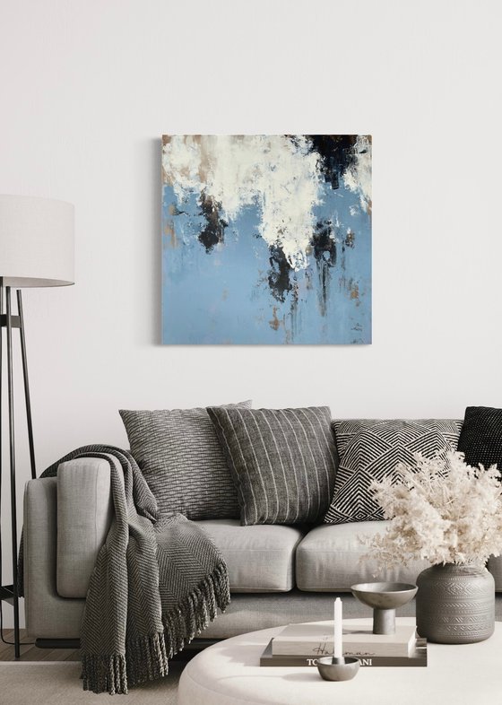 BLUE DAY - 70 x 70 CM - ABSTRACT PAINTING ON CANVAS * BLUE* WHITE * BLACK