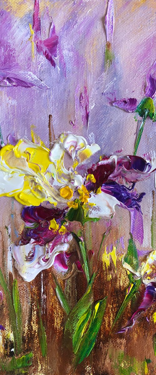 IRIS MOOD №2 - Iridodictyum. Irises. Flowers. Gift. Lilac color. Bouquet. Garden. Garden flowers. Field irises. Mini-art. Fast painting. The best solution. Gift painting. Postcard. Season. Holidays. by Marina Skromova