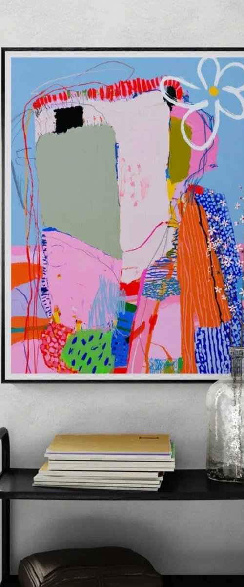 Colorful Geometric Abstract with White Flower by Sasha Robinson