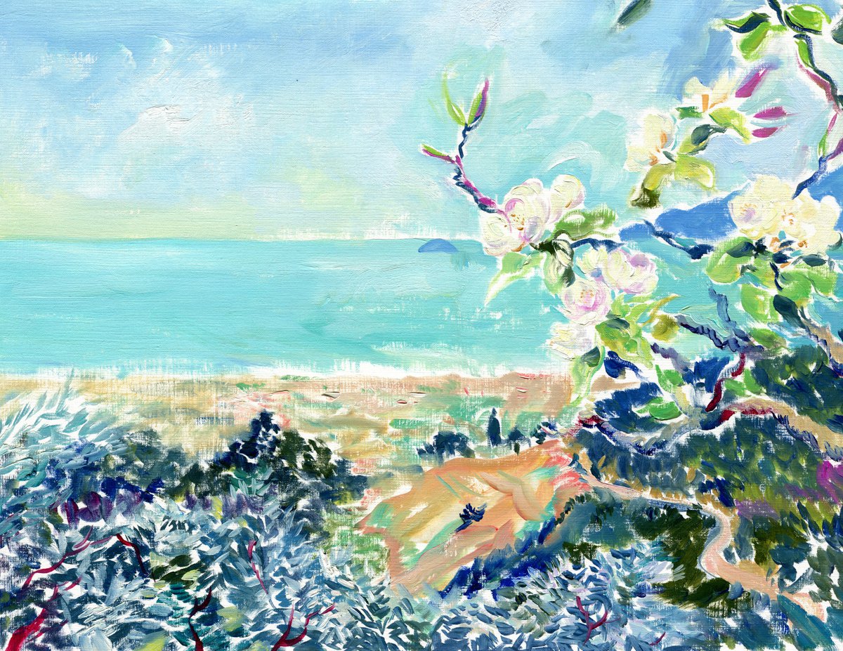 Impressionistic Landscape Oil Painting By Daria Galinski, 16 X 12, Tuscany Sea View And An Almond Blossom, Original Artwork