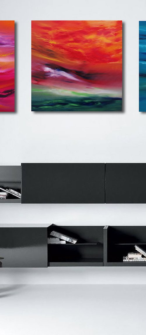 Sky Element,  Full Series  - Triptych n° 3 Paintings, Deep edges, Original abstract, oil on canvas by Davide De Palma
