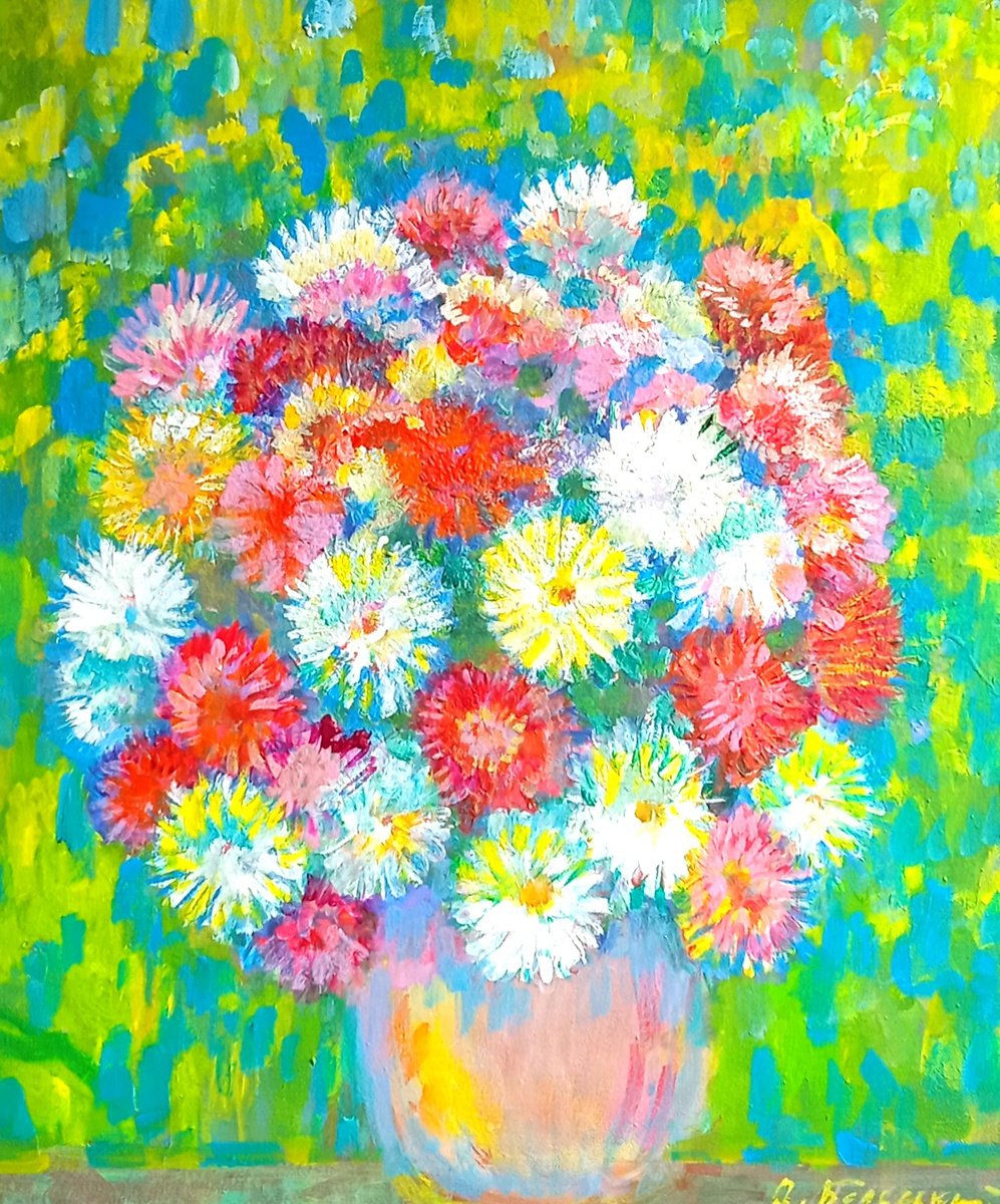 Impressionistic Botanical Acrylic Painting By Oleksandr Bielskyi, 20 X 24", Asters, Original Artwork