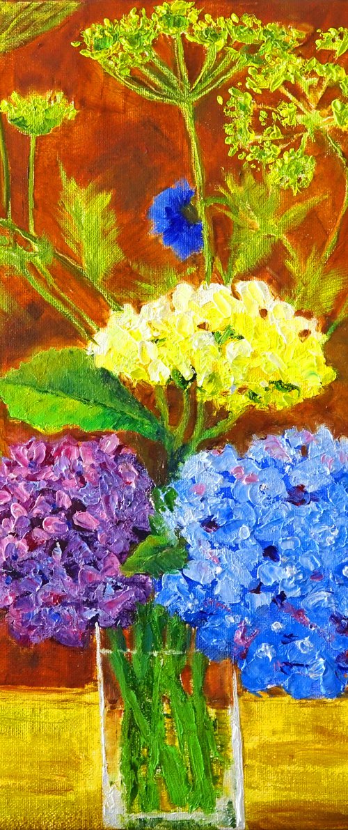 Hydrangeas, Cornflower & Fennel by Marion Derrett