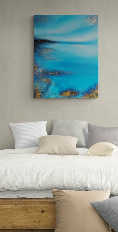 A XL large original modern semi abstract painting "Fifty shades of blue" by Vera Hoi