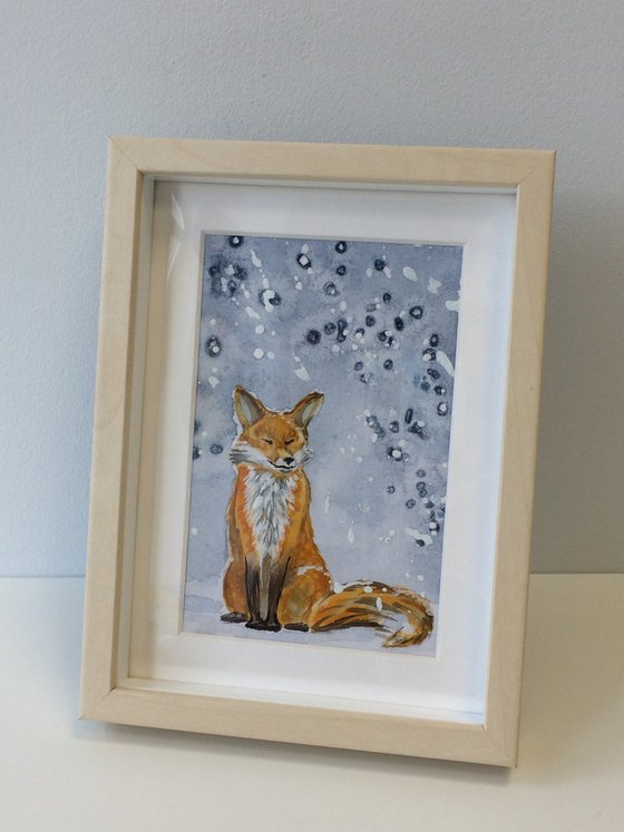 Fox portrait - Animal in winter forest - Small watercolor on canvas board - Framed artwork - Gift idea for animal lover