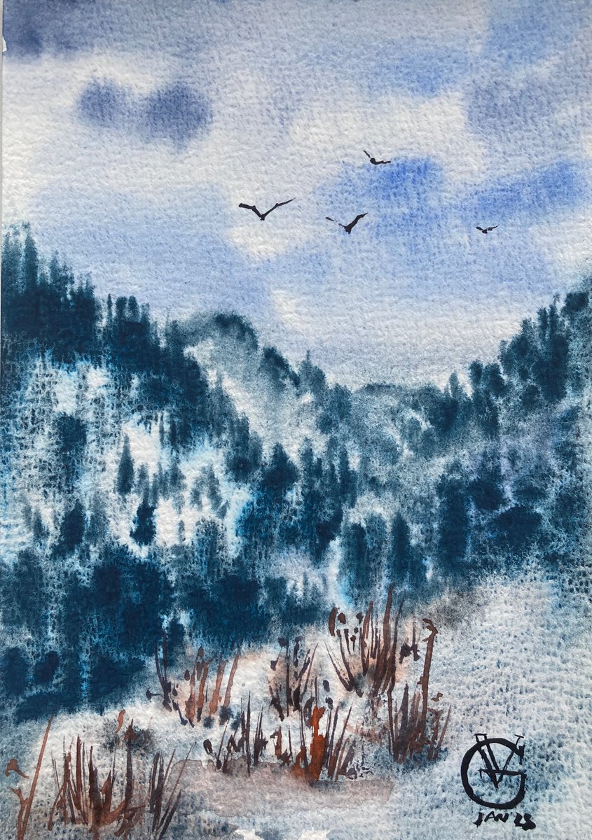 Impressionistic Landscape Watercolour By Valeria Golovenkina, 6 X 8", Talgar Mountain #4 Sketch, Original Artwork