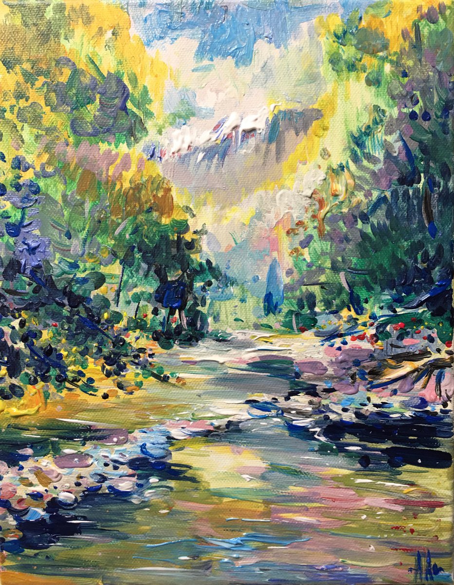 Expressive Landscape Acrylic Painting By Altin Furxhi, 9 X 12, Creek In Dolomite