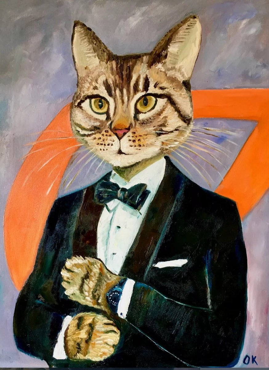 Impressionistic Animal Oil Painting By Olga Koval, 18 X 24", Cat James Bond 007, Original Artwork