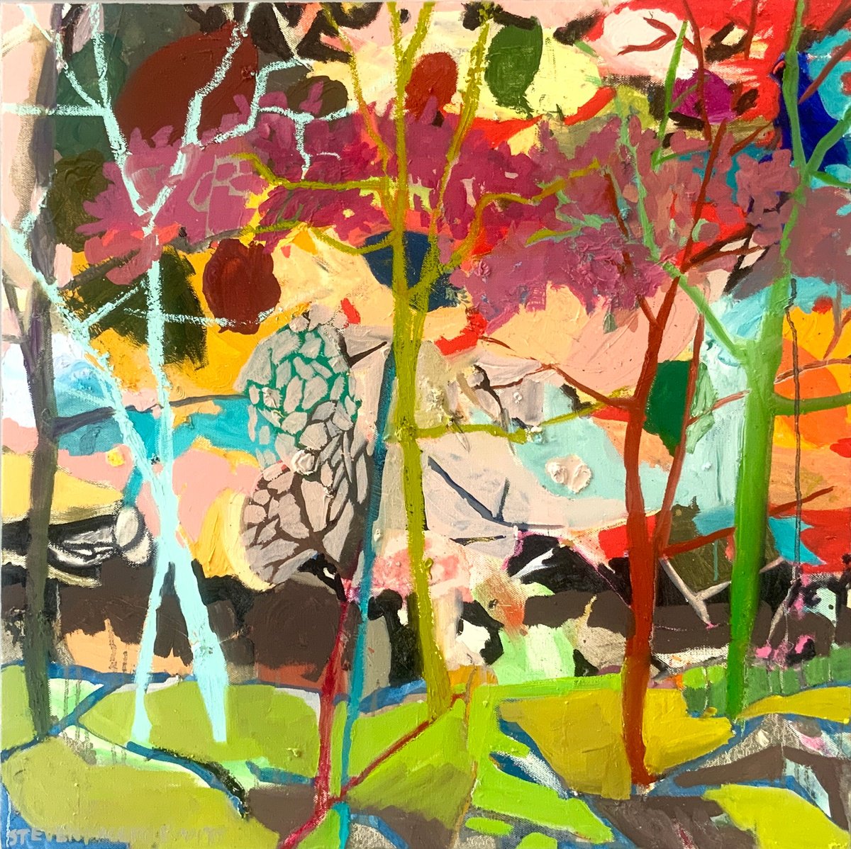 Impressionistic Abstract Oil Painting By Steven Page Prewitt, 24 X 24", Summer Sunset Through Trees, Original Artwork