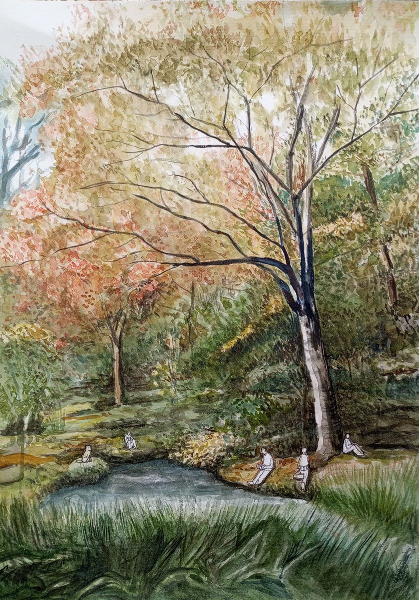 Surrealistic Drawing , Readers By The Pond By Paolo Beneforti, 14 X 20, Artwork For Sale On Artfinder