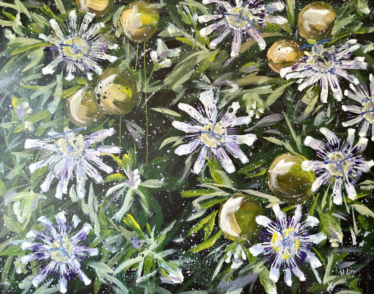 Expressive Botanical Acrylic Painting By Hsin Lin, 60 X 48, A Plentiful Harvest - Passion Flower And Fruit, Original Artwork