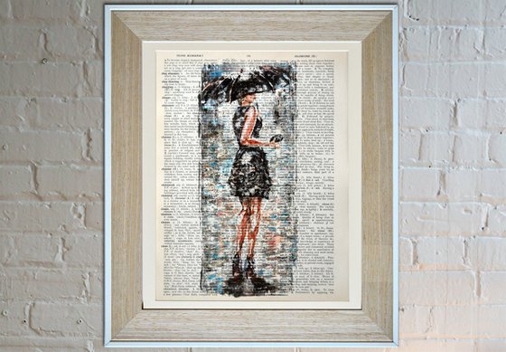 Lady in Black - Collage Art on Large Real English Dictionary Vintage Book Page