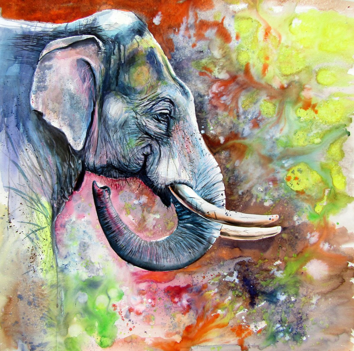 Impressionistic Watercolour , Beautiful Elephant By Kovacs Anna Brigitta, 39 X 39, Artwork For Sale On Artfinder