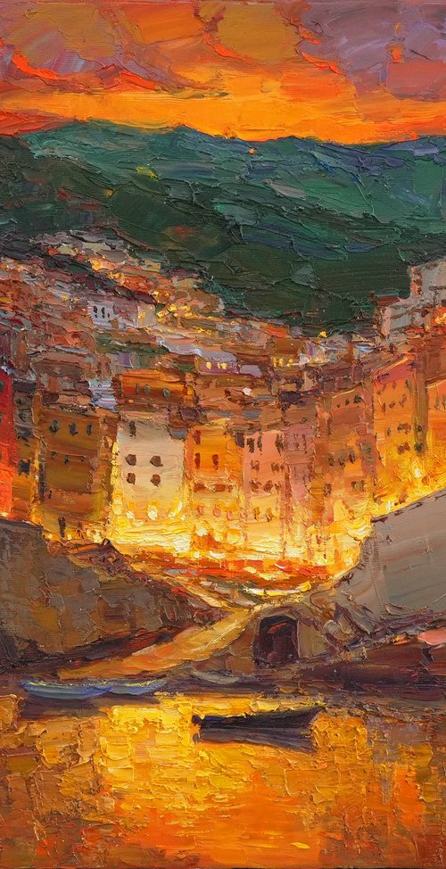 Evening Riomaggiore Italy by Alisa Onipchenko-Cherniakovska