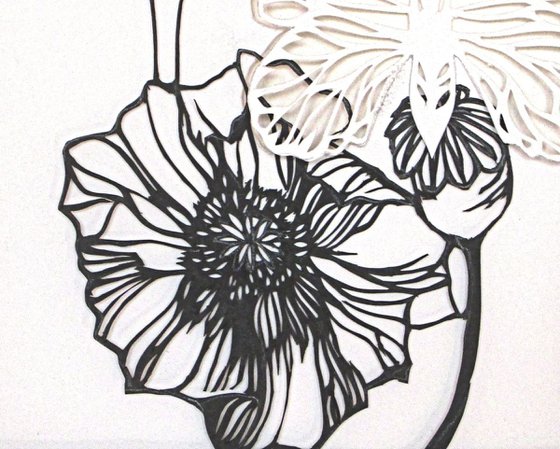 poppy with butterfly, paper cut sculpture