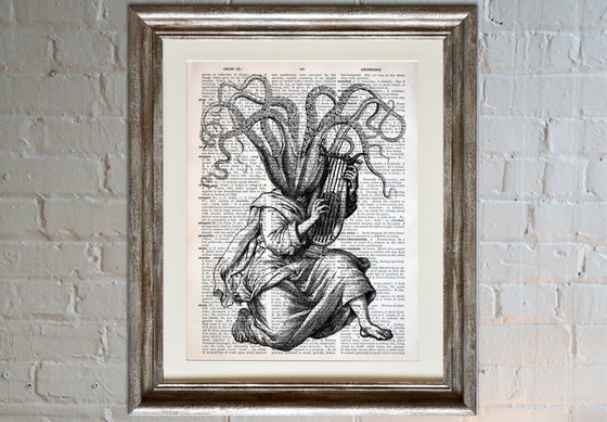 Octopus Musician - Collage Art Print on Large Real English Dictionary Vintage Book Page