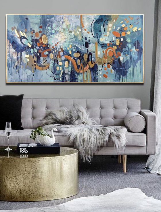 Finding Daylight - Abstract Painting 60" x 30" Large Abstract Gold Leaf Soft Colors White Gray Painting