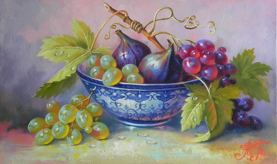 "Still life with fruit" OIL ON CANVAS ORIGINAL ART KITCHEN DECOR