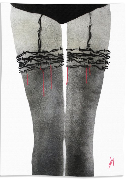 Barbed wire stockings (on gorgeous watercolour paper). by Juan Sly