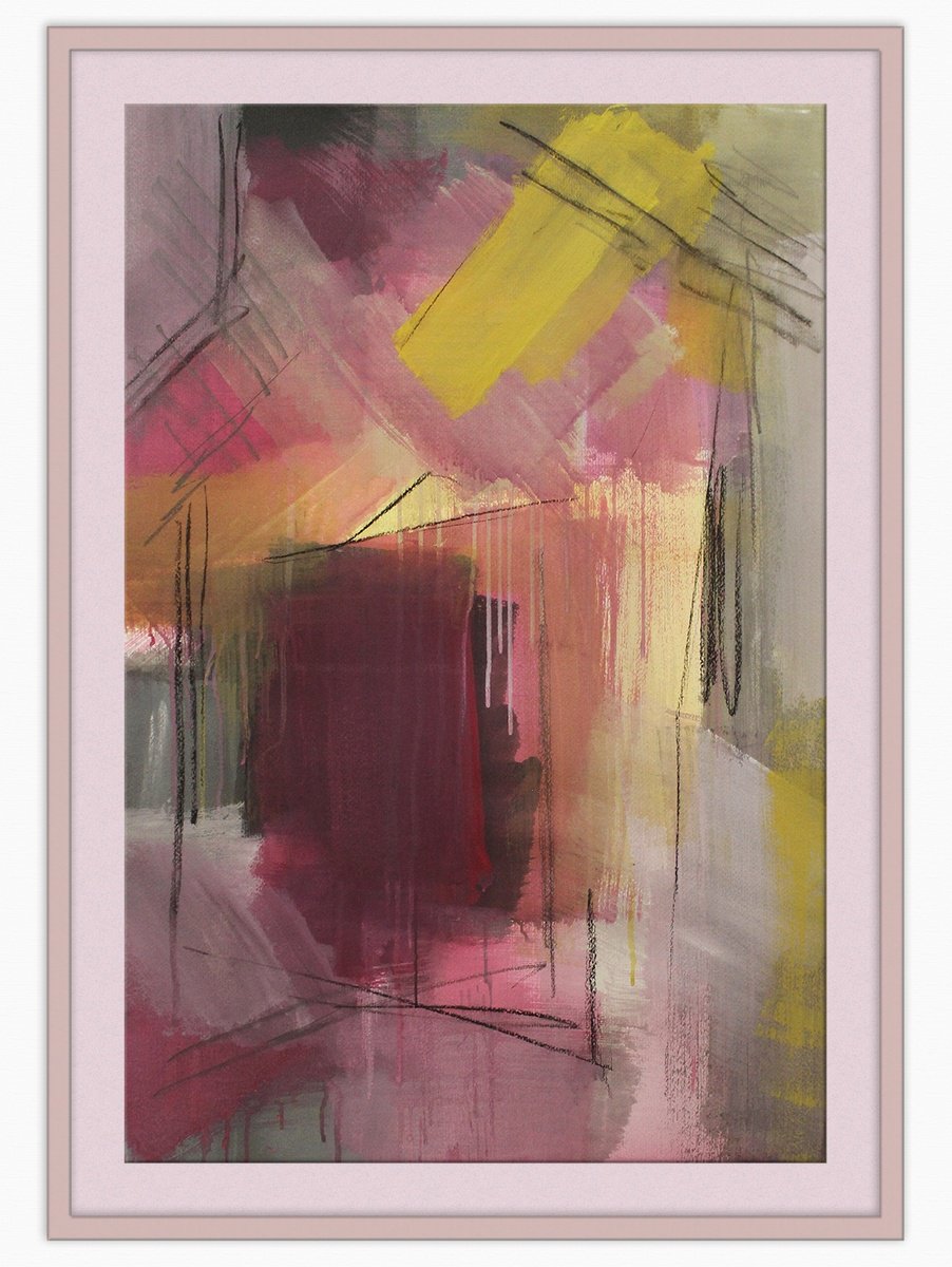 Abstract Painting By T Kyomu, 28 X 39", Southern City In The Rain, Original Artwork