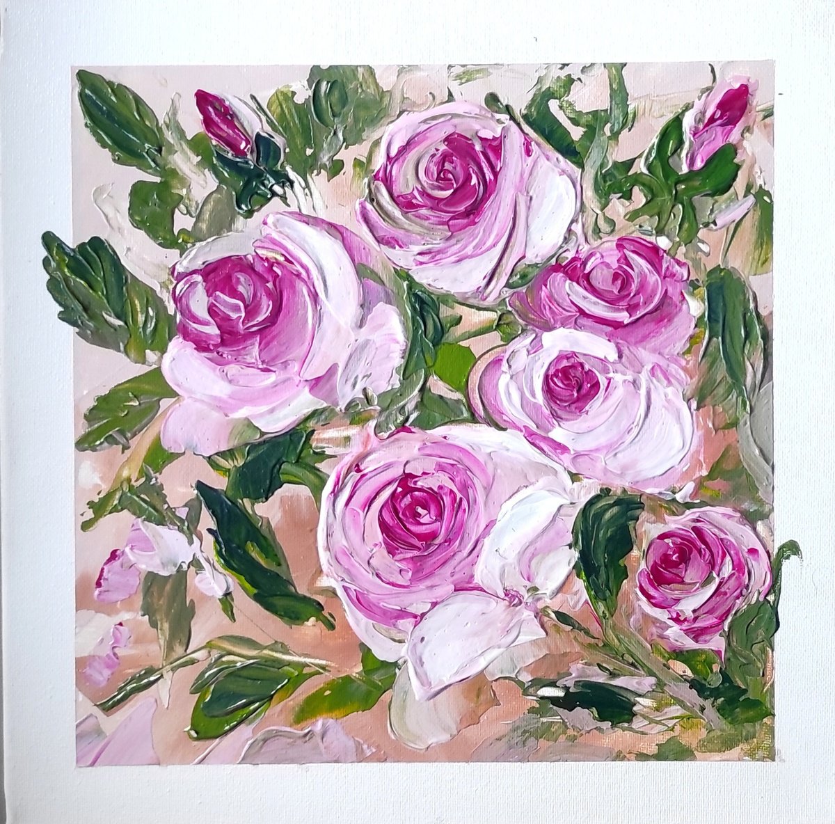 Impressionistic Botanical Acrylic Painting By Elena Kraft, 11 X 11, Roses , Original Artwork
