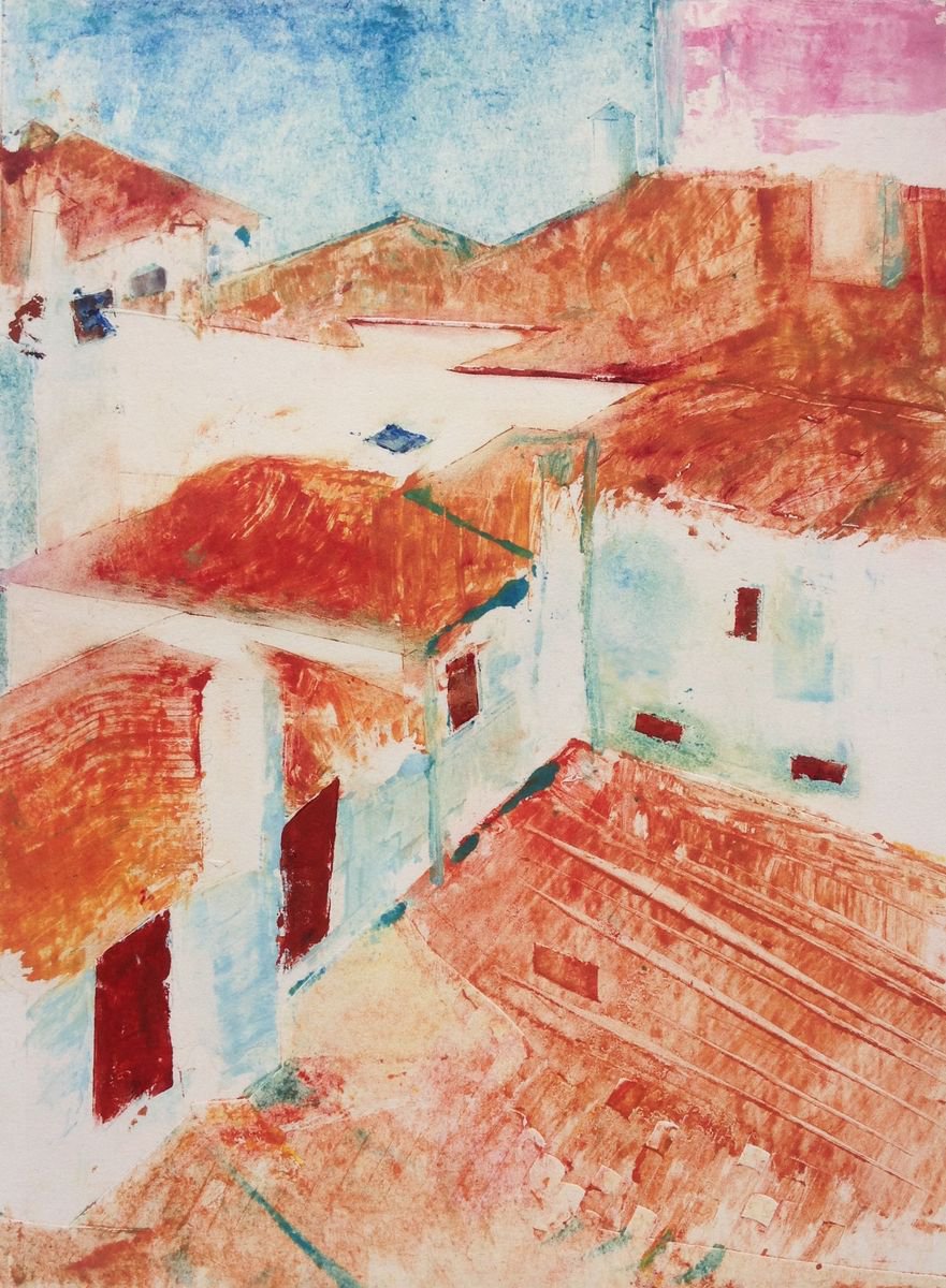 Abstract Landscape Limited Edition Print By Sandra Haney, 15 X 22", Funchal Rooftops 3, Original Artwork