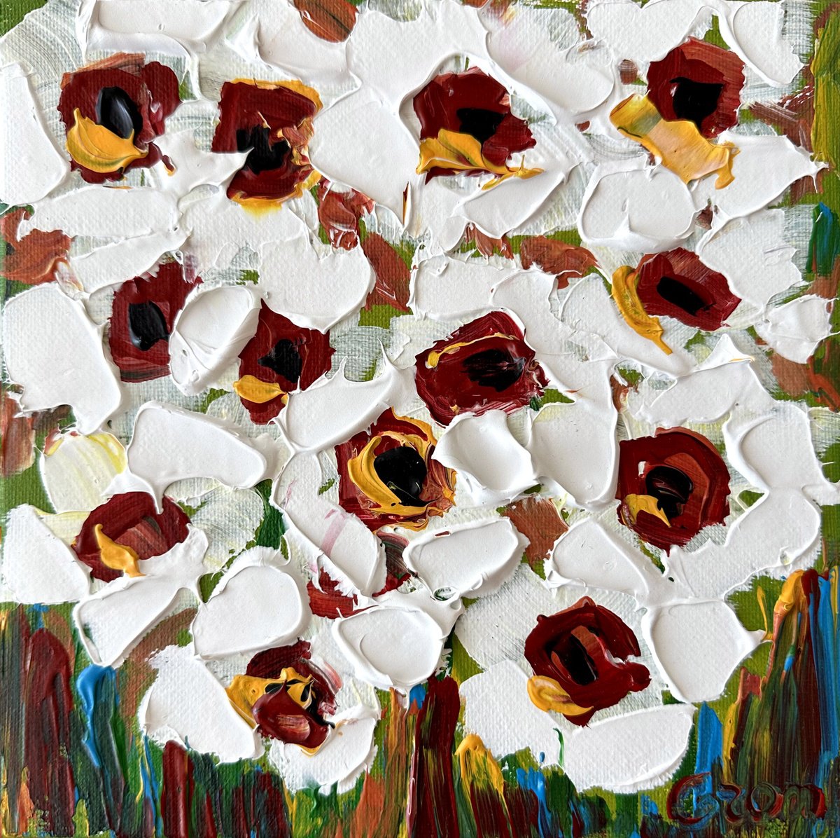 Impressionistic Botanical Acrylic Painting By Oksana Fedorova, 8 X 8", White Flowers Acrylic, Original Artwork