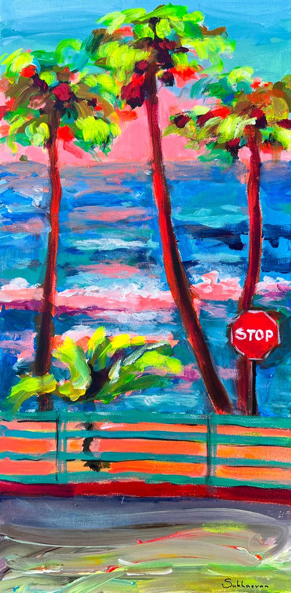 Impressionistic Landscape Acrylic Painting By Victoria Sukhasyan, 10 X 20", Manhattan Beach. California, Original Artwork