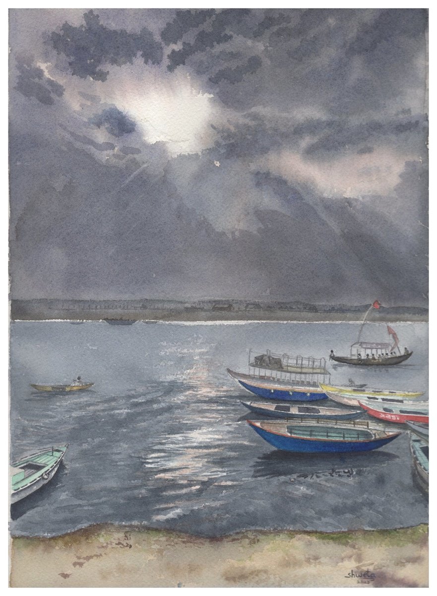 Photorealistic Landscape Watercolour By Shweta Mahajan, 9 X 12", Boats On The River Ganges, Original Artwork
