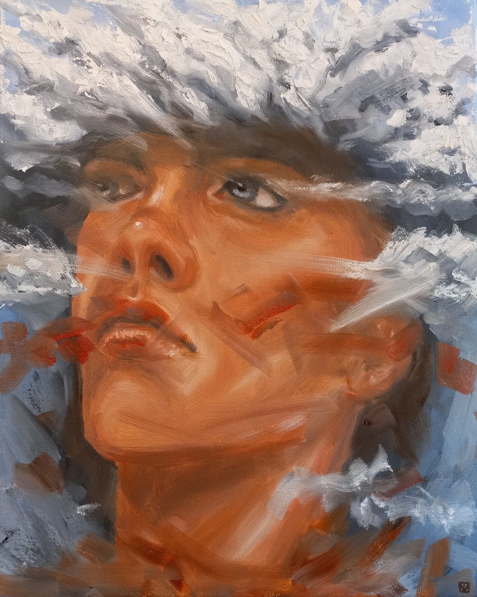 Cloudy. Oil human portrait. Abstract portrait 40x50x1.5cm/ 19.7x15.7x0.6in by Tatiana Myreeva