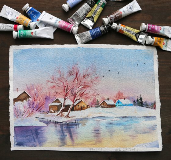 Winter village landscape. Original watercolor artwork.