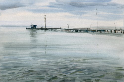 Sea and pier. Watercolour by Marina Trushnikova. Seascape with calm water by Marina Trushnikova