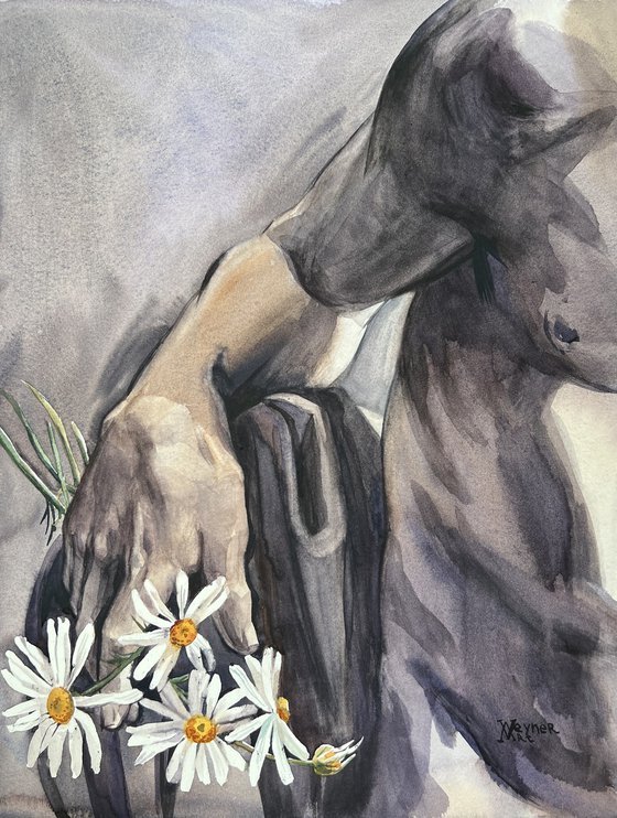 Strength and tenderness. Romantic painting, sculpture with daisies