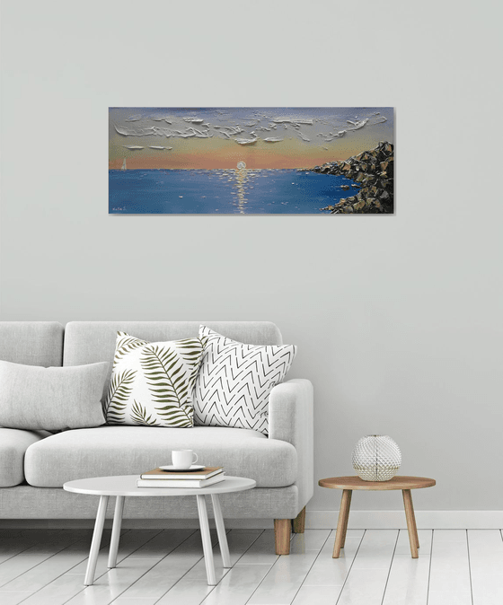 Ocean Pink Sunrise Painting, Original Impasto Ocean Coast Painting