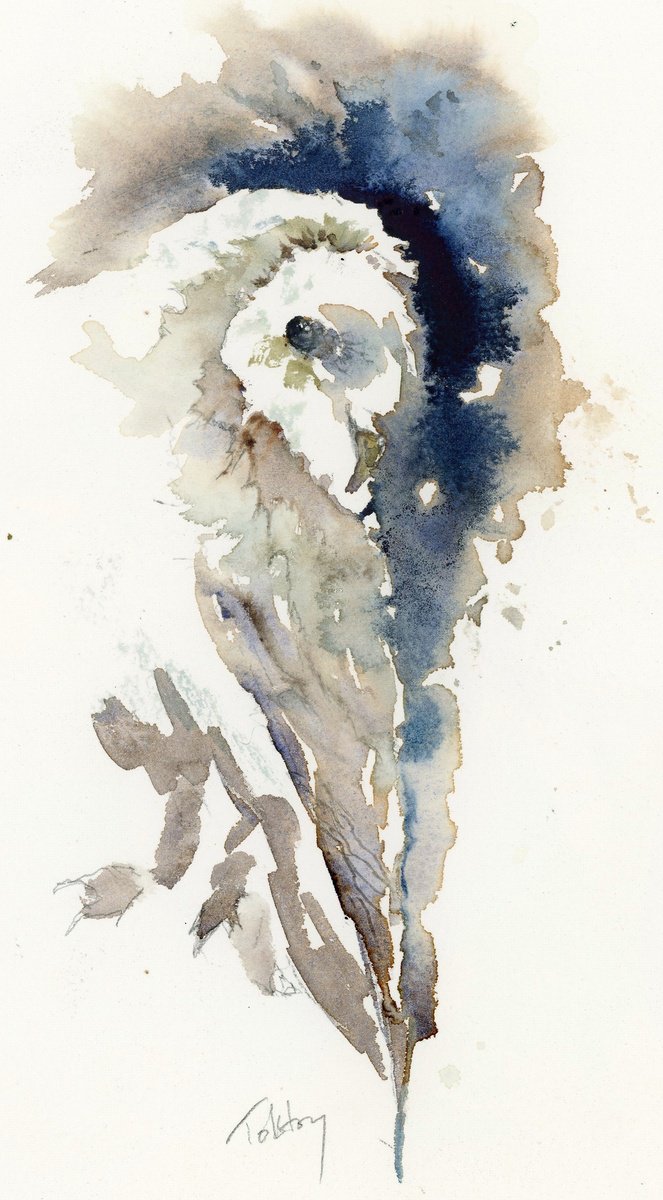 Impressionistic Animal Watercolour By Alex Tolstoy, 8 X 14, Blue Owl, Original Artwork