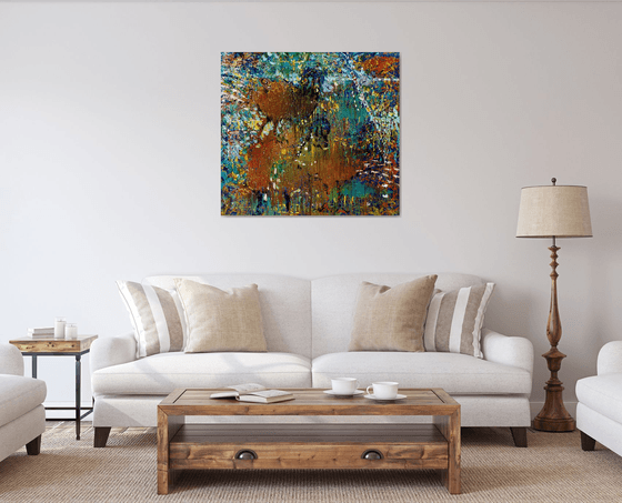 TWO PEACOCKS - abstract panel with birds, bright, coloured, interior art, kids room