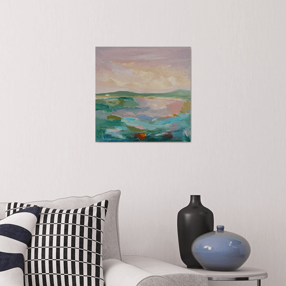 Sunset by the lake — contemporary landscape with optimistic and positive energy on stretched canvas