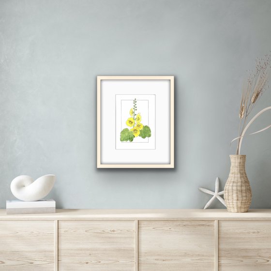 Flowers original watercolor - Yellow mallow illustration - Floral mixed media drawing - Gift idea