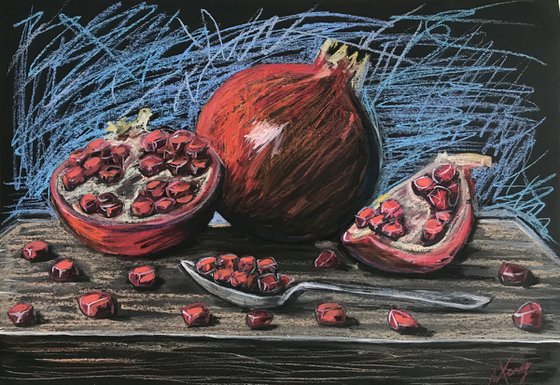 Pomegranates still life pastel drawing 27x39 cm