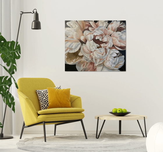 Peonies Rebirth White black flowers bloom peony painting large size realistic flower