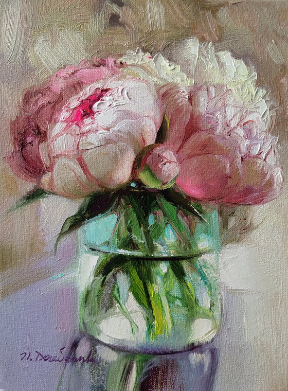 Peony pink floral wall art painting original, Framed peony painting