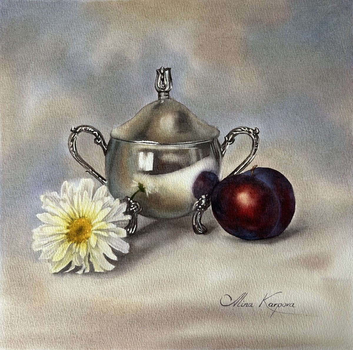 Photorealistic Still Life Watercolour By Alina Karpova, 10 X 10, Plum And Daisy, Original Artwork